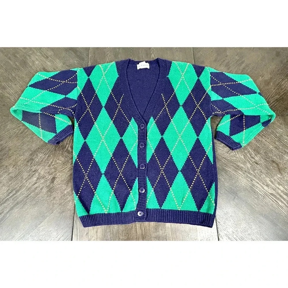 Vtg Izod Argyle Cardigan Sweater Green And Blue Size Medium M Secretary Unisex - Picture 5 of 11
